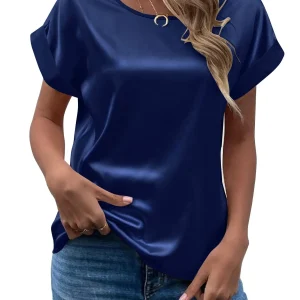 Spring and Summer New Women's Short Sleeve Satin Shirt Loose Casual Round Neck Colored Ding T-shirt Women